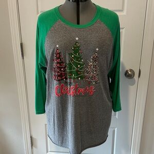 Green and Gray Christmas Tree Graphic Top